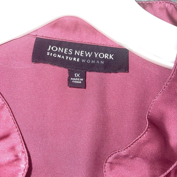 Jones New‎ York Blouse Womens 1X Pink Button Up V Neck Long Sleeve Satin Career - Picture 6 of 12